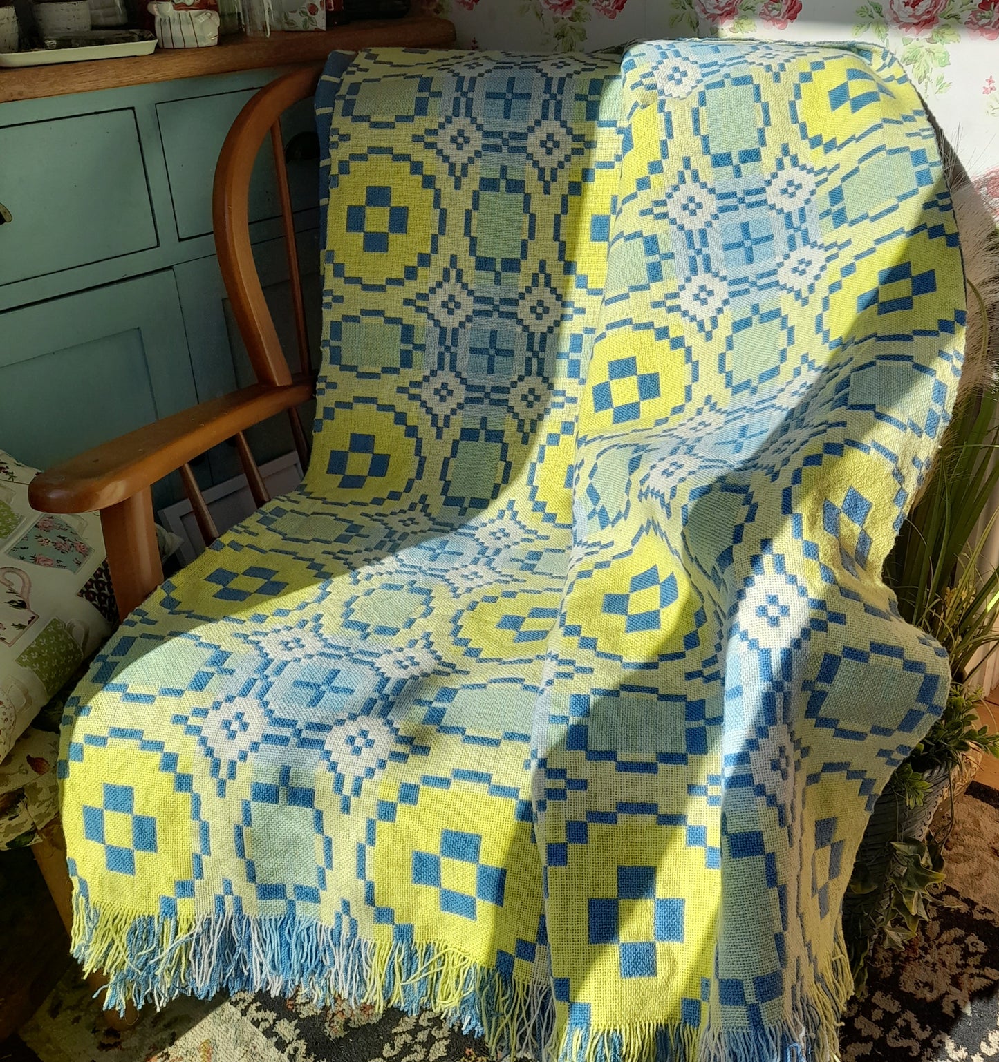 Vintage Welsh Tapestry Blanket in Sky Blue & Daffodil Yellow by Trefriw Woollen Mill