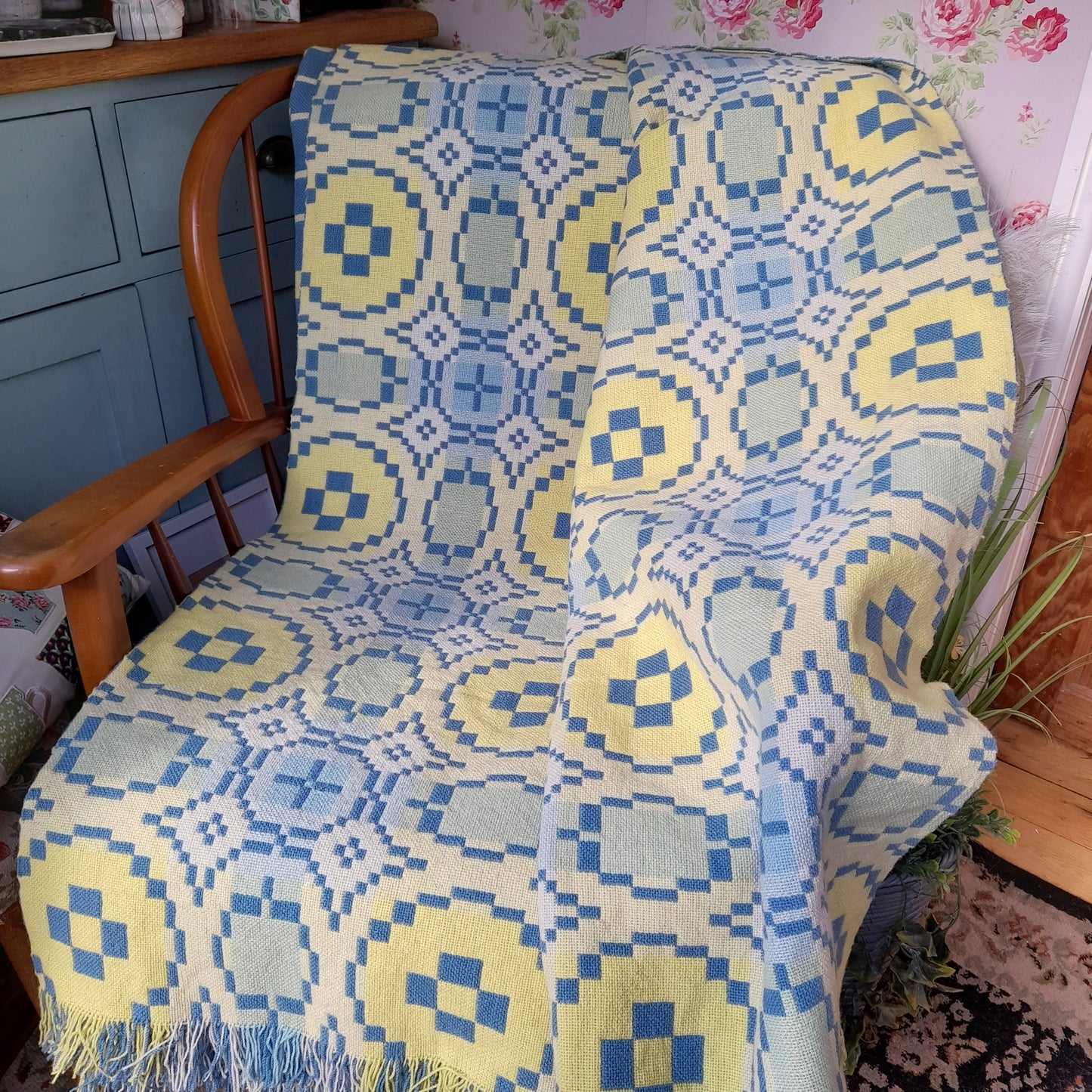 Vintage Welsh Tapestry Blanket in Sky Blue & Daffodil Yellow by Trefriw Woollen Mill