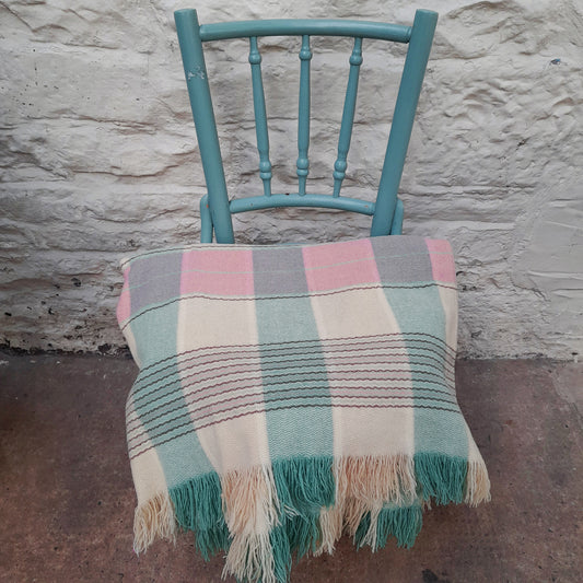 Welsh Blanket in Pale Duck Egg Blue, Pink & Cream Check