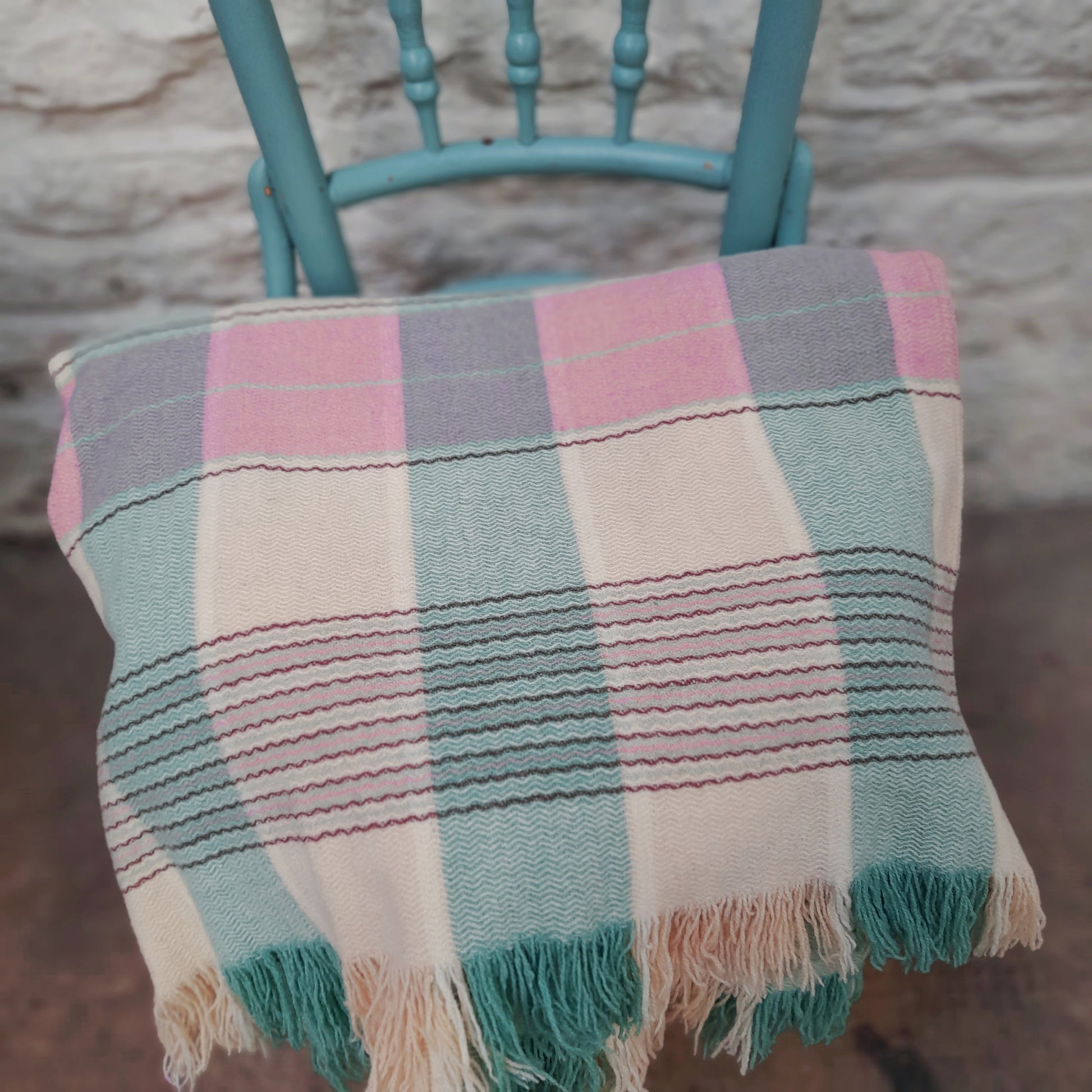 Welsh Blanket in Pale Duck Egg Blue, Pink & Cream Check