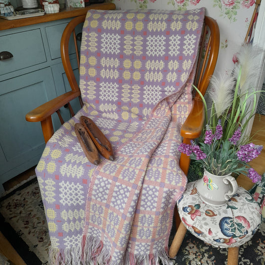 Welsh Blanket in Pale Lavender Yellow White & Pink