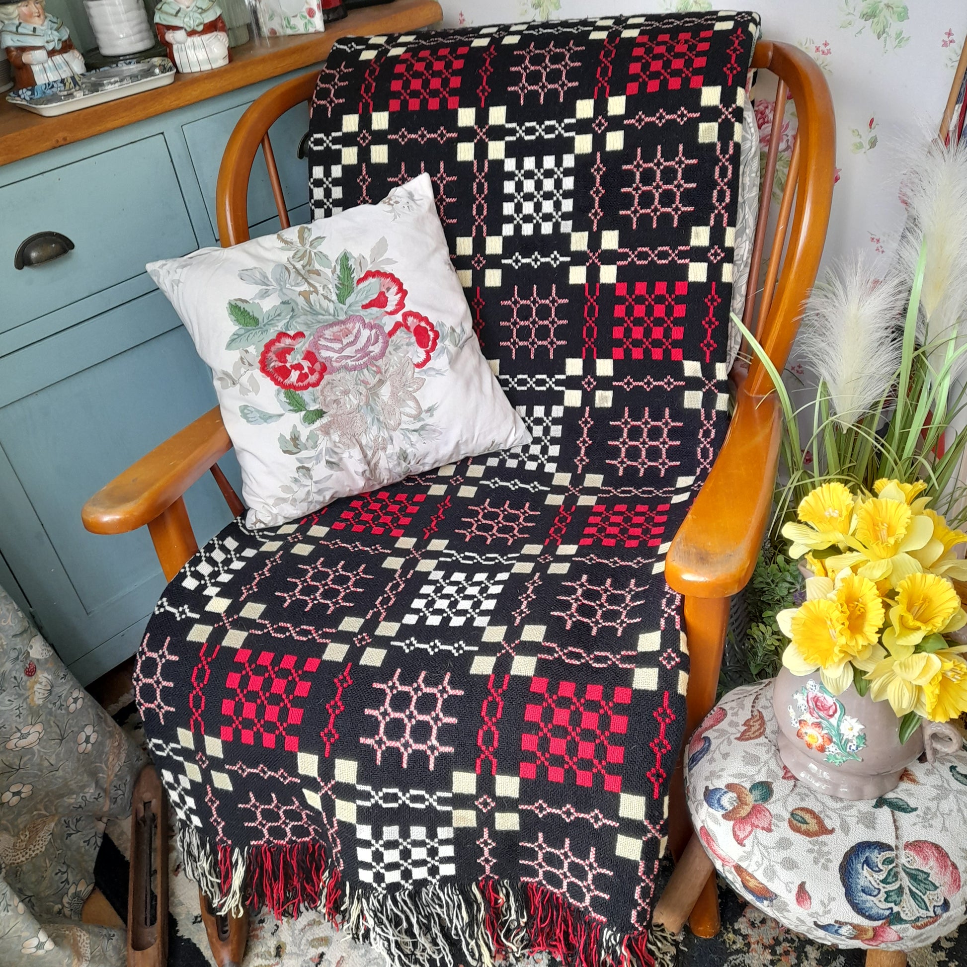 Welsh Tapestry Blanket in Black Red & Yellow by Elvet Woollen Mill