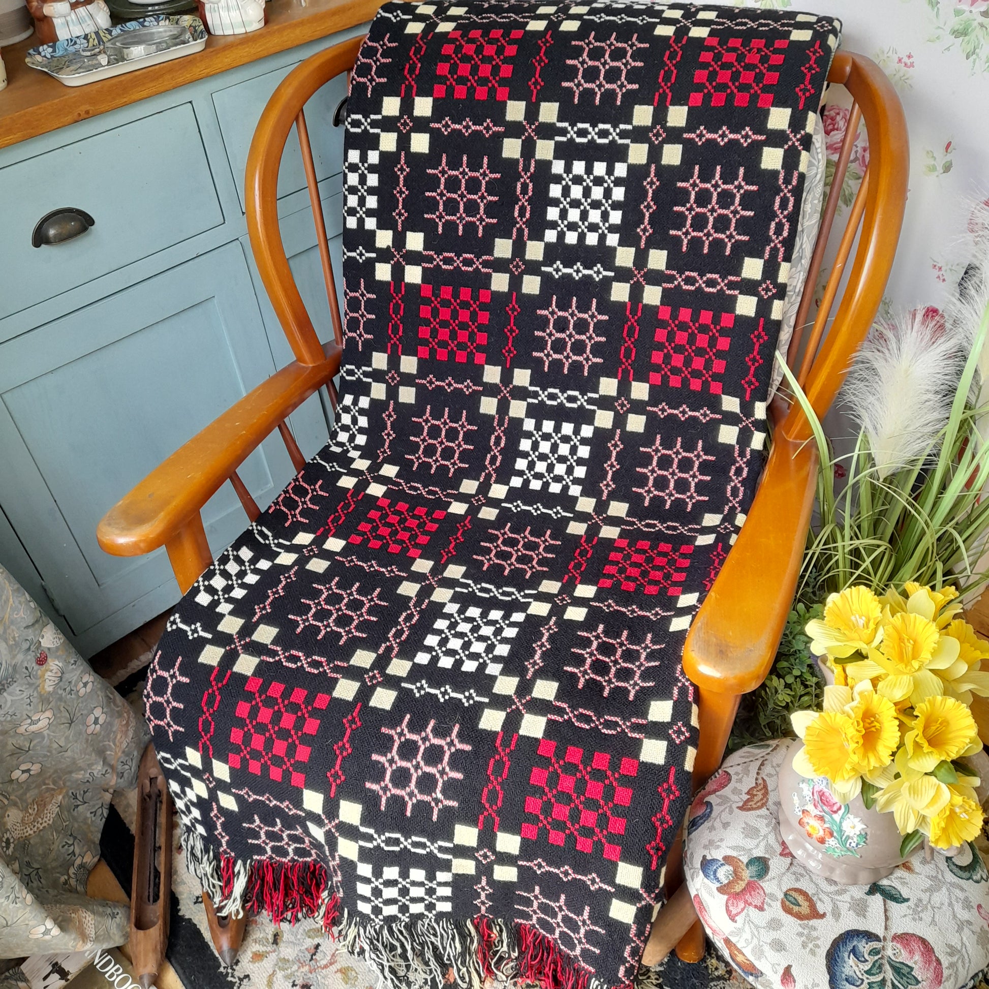 Welsh Tapestry Blanket in Black Red & Yellow by Elvet Woollen Mill