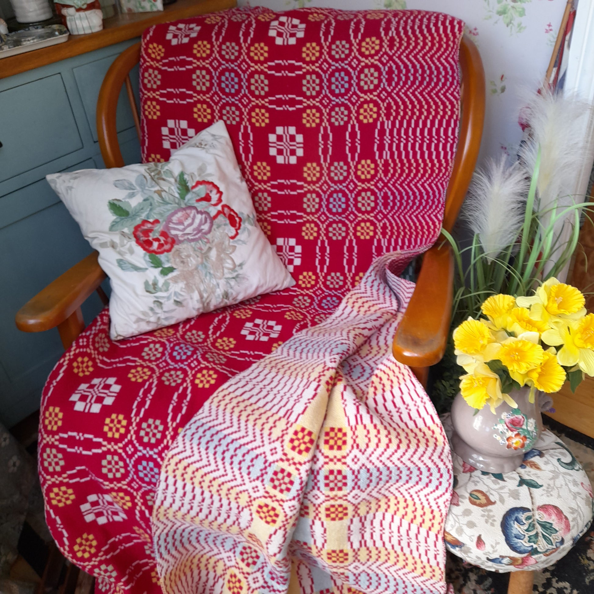 Welsh Blanket in Raspberry Pink, Aqua & Lemon in Peony Design