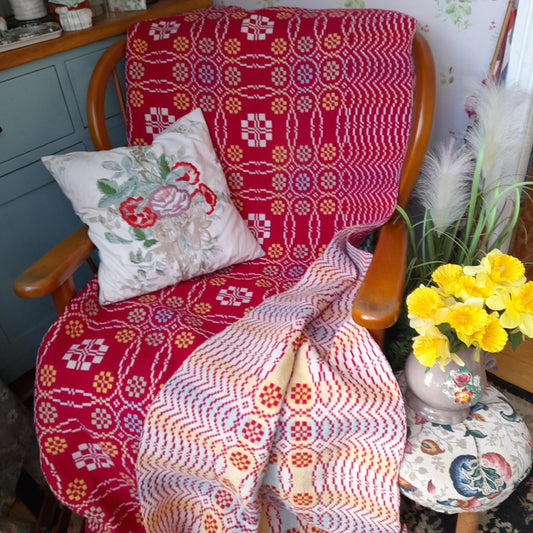 Welsh Blanket in Raspberry Pink, Aqua & Lemon in Peony Design