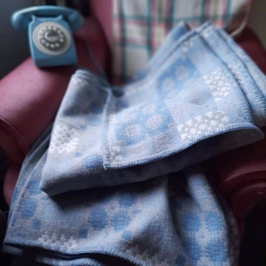 Pair of Welsh Blankets in Pale Grey & Forget-me-not Blue With Hint of White