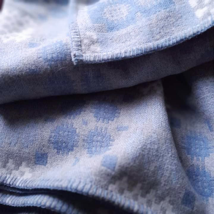 Pair of Welsh Blankets in Pale Grey & Forget-me-not Blue With Hint of White