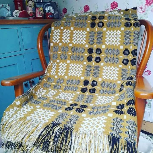 Vintage welsh tapestry blanket mustard