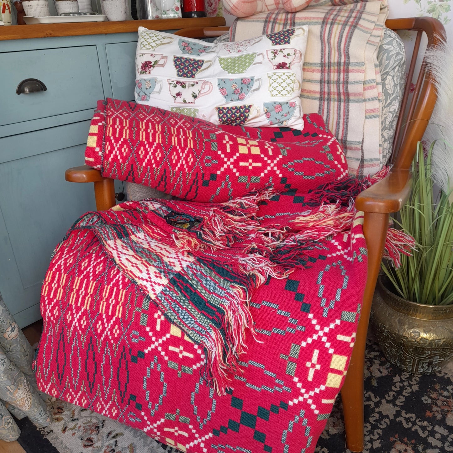 PAIR of Vintage Welsh Tapestry Blankets in Raspberry Red Green & Yellow by Derw Mill