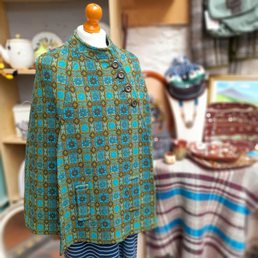 Vintage Teal Welsh Wool Tapestry Cape