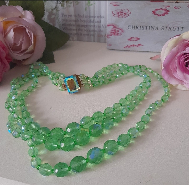 Vintage Green Crystal Triple Strand Necklace