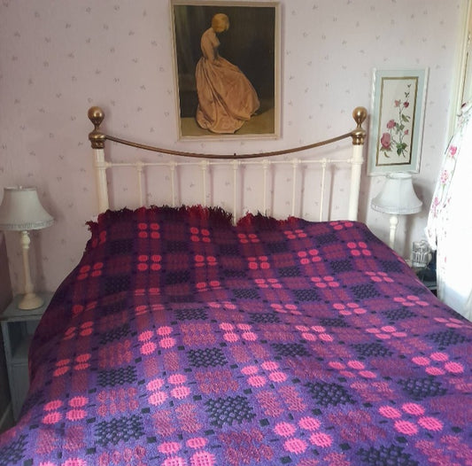 Vintage Welsh Tapestry Blanket in Purple Pink & Black by Derw Mill