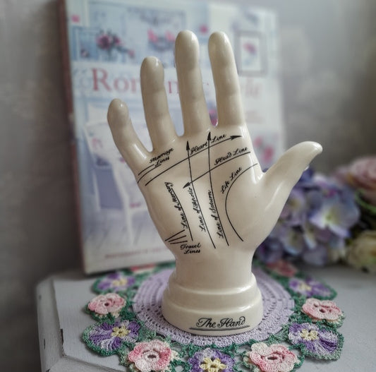 Antique ceramic palm reading hand black text