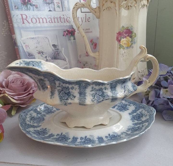 Antique Victorian Blue & White Gravy Boat 