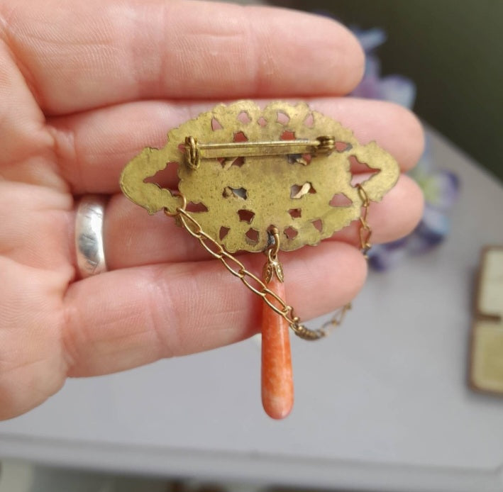 Art Nouveau Coral Egyptian Revival Max Neiger Brooch