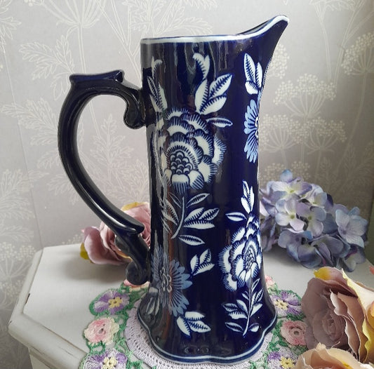 Art nouveau tall blue & white floral jug