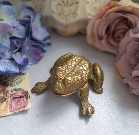 Vintage Brass Frog Trinket Pot Hinged Lid