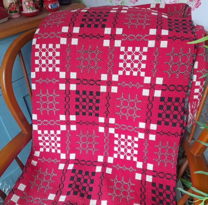 Vintage Red White & Black Welsh Blanket Large Double King Size