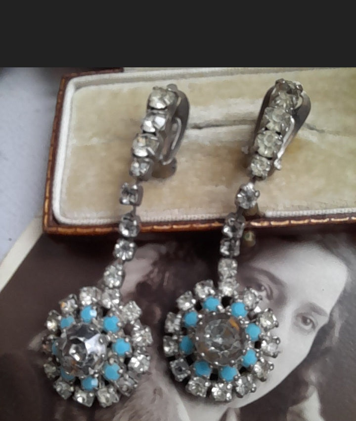 Art Deco Turquoise & Crystal Dangle Clip On Earrings