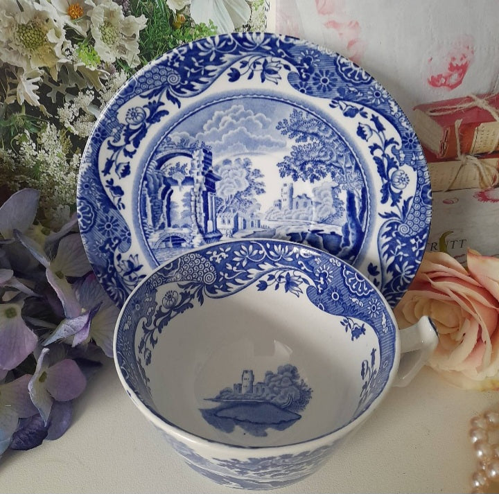 Vintage Spode Italian Blue & White Large Tea Cup & Saucer