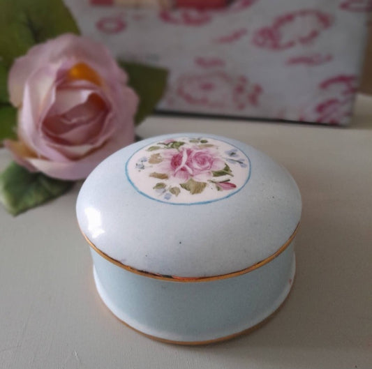 Vintage Duck Egg Blue Floral Trinket Pot With Lid