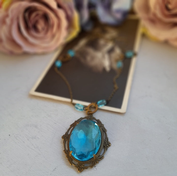 Art Deco Pendant Necklace Blue Czech Glass