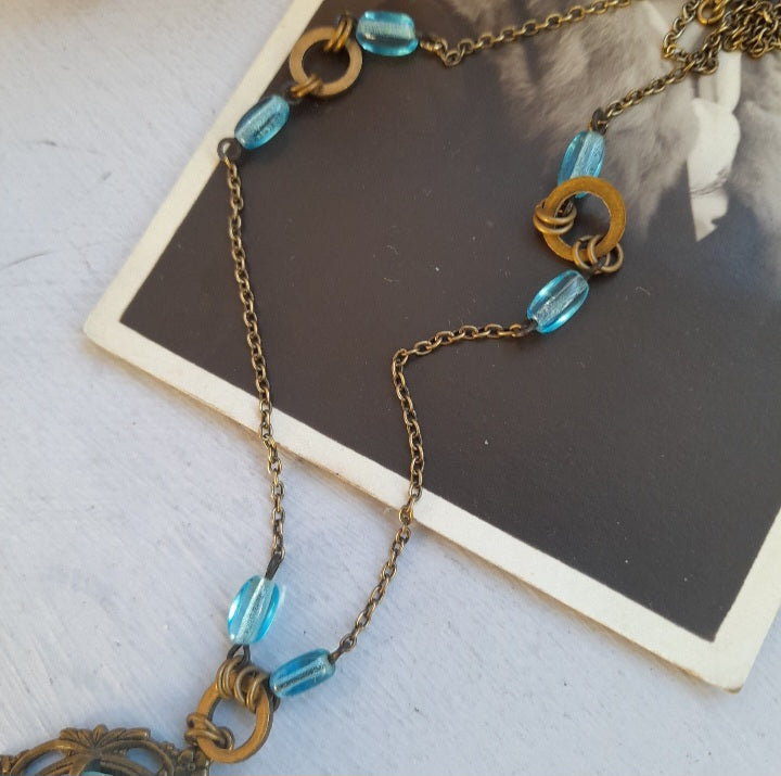 Art Deco Aquamarine Blue Czech Glass Pendant Necklace