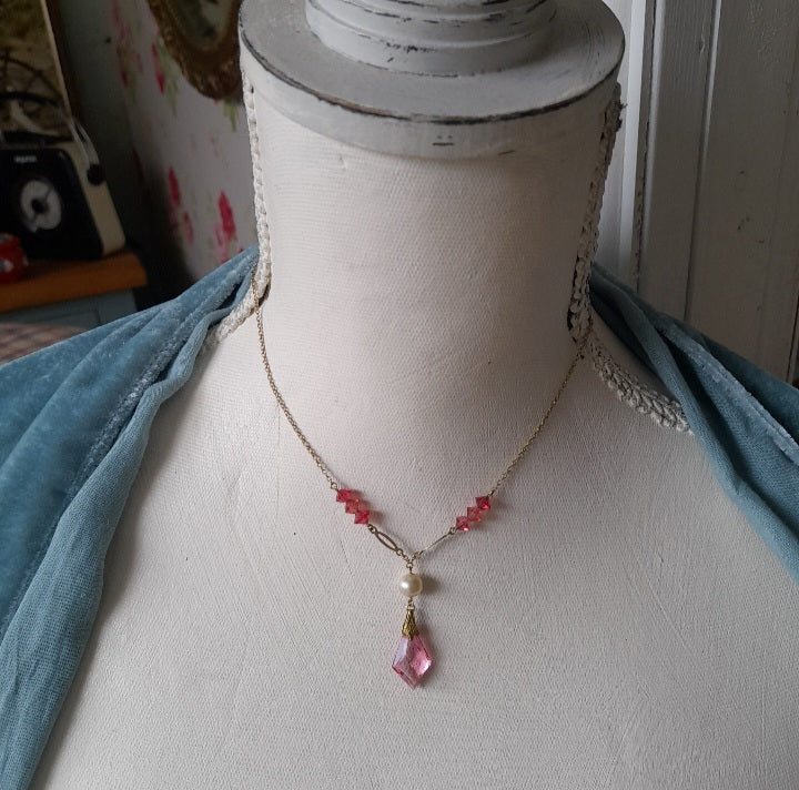 Antique Edwardian Pink Czech Glass & Pearl Pendant Necklace