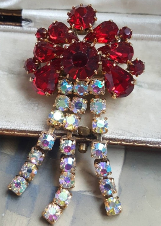 Art Deco Ruby Red & Aurora Borealis Chandelier Brooch