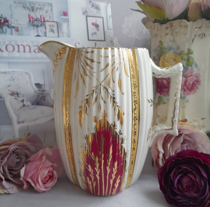 Antique Cream Jug Pitcher With Gold Burgundy Ridged Detail