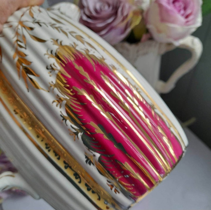 Antique Cream Jug Pitcher With Gold Burgundy Ridged Detail