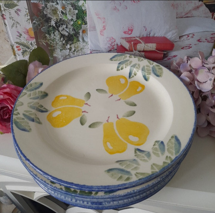 Set of 8 POOLE Pottery Dinner Plates in 'Dorset Fruits' Yellow Pear Spongeware Pattern 10 inch