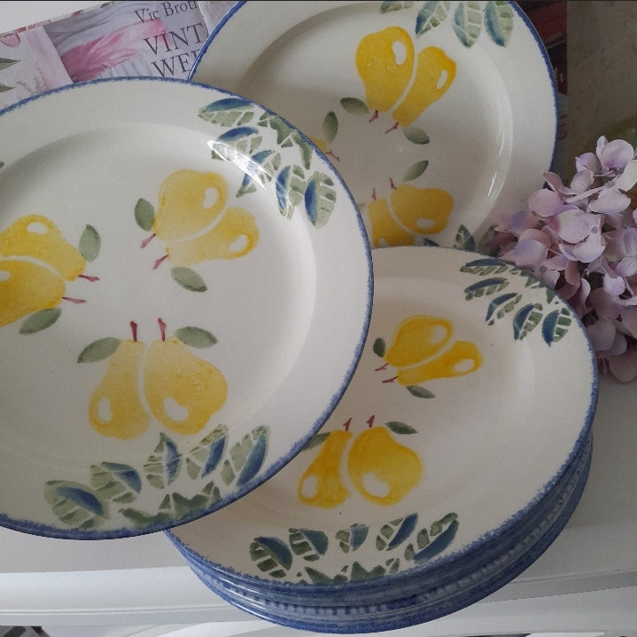 Set of 8 POOLE Pottery Dinner Plates in 'Dorset Fruits' Yellow Pear Spongeware Pattern 10 inch