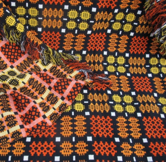 Vintage Welsh Wool Tapestry Blanket in Black & Orange