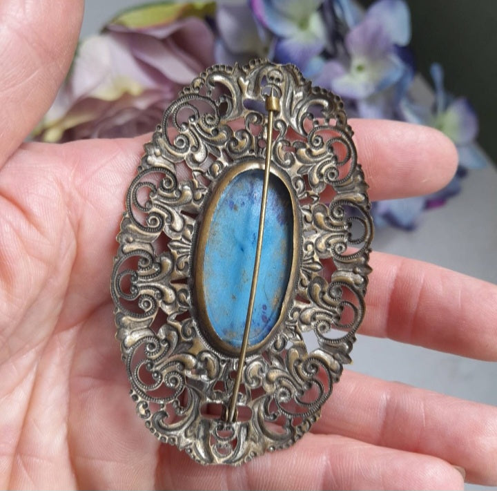 Large Vintage Art Deco Czech Filigree Brooch With Blue Peking Glass Central Stone