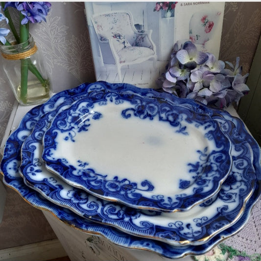 Set of 3 Antique Blue & White Serving Meat Plates by Ventnor