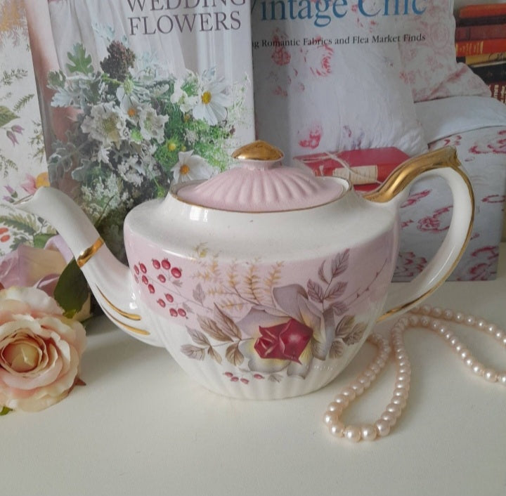 Gibsons Pale Pink Teapot With Floral Roses & Ridged Design, Pretty Teapot With Red Burgundy Roses Gold Detail