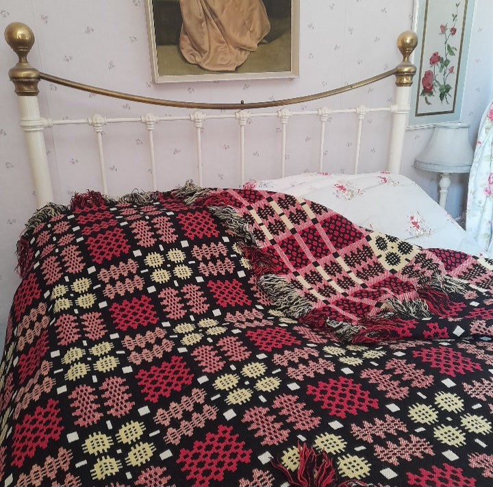 Vintage Welsh Wool Tapestry Blanket in Black Red & Yellow