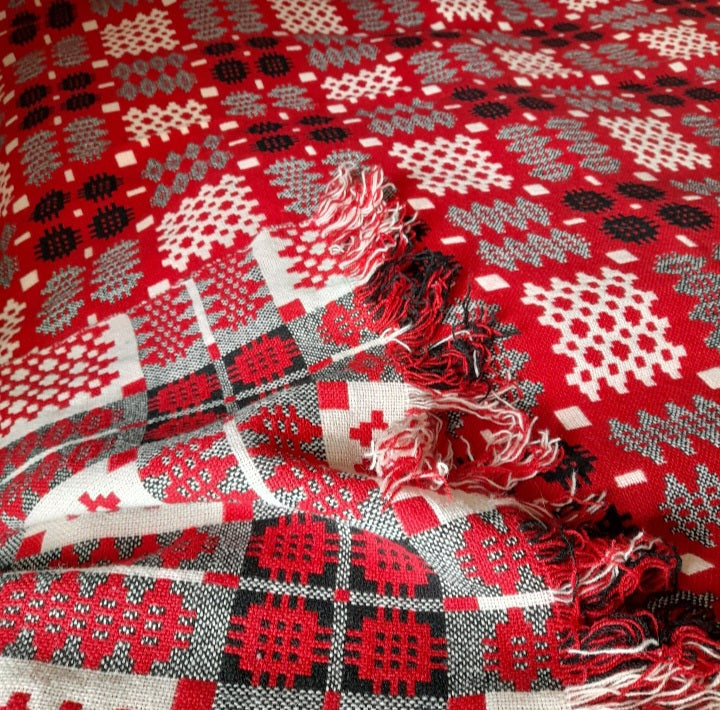 Vintage Welsh Wool Tapestry Blanket in Red Black & White King Size