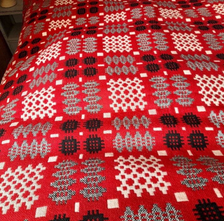 Vintage Welsh Wool Tapestry Blanket in Red Black & White King Size