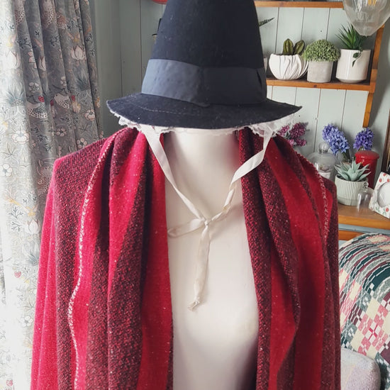 Welsh Blanket/Shawl in Scarlet Red With Traditional Black Stripe To One Side