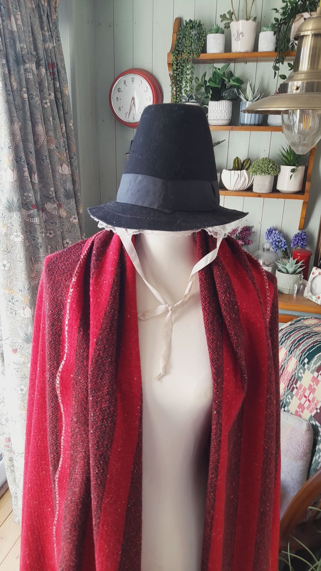 Welsh Blanket/Shawl in Scarlet Red With Traditional Black Stripe To One Side