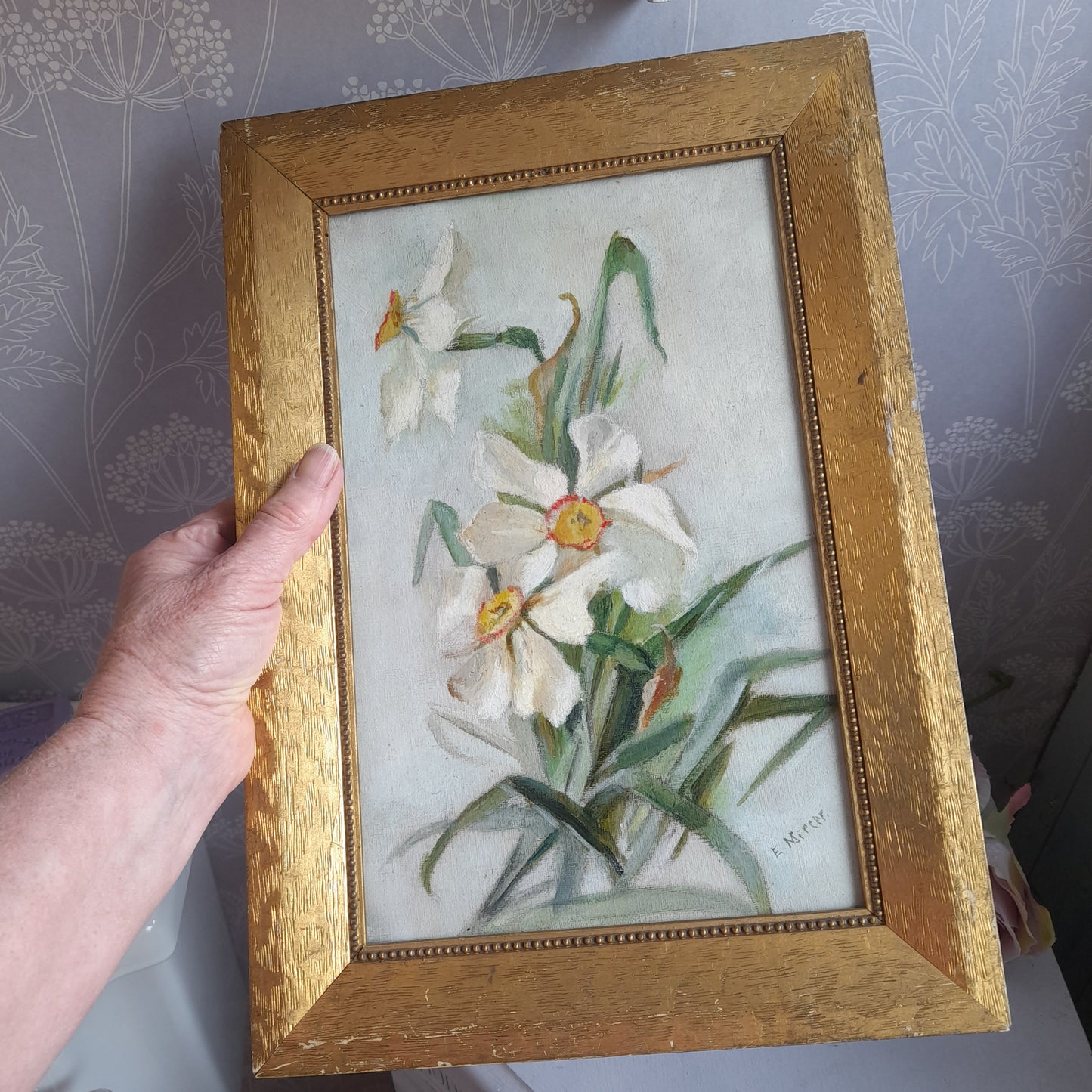 Darling Art Deco Original Oil Painting of Daffodils Framed & Signed E Mercer