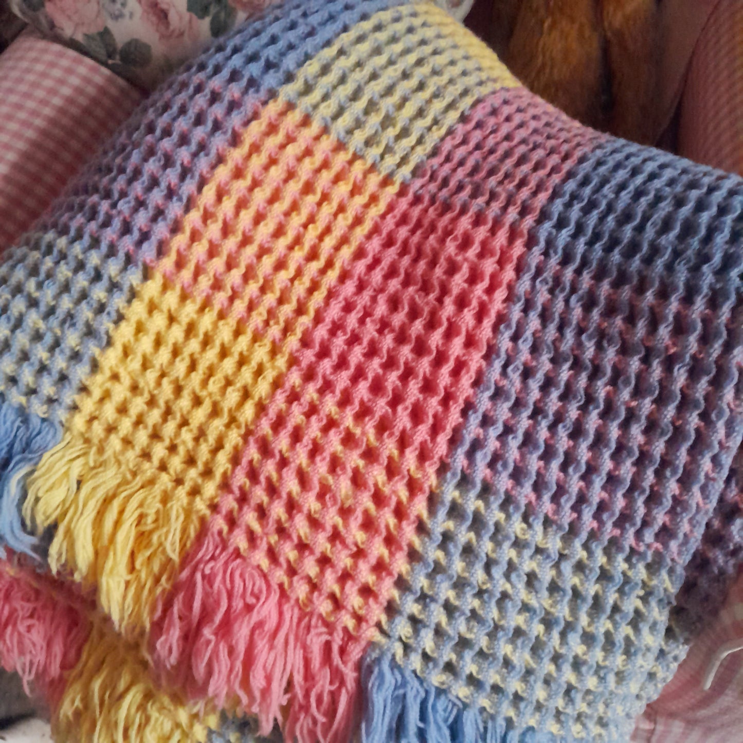 Vintage Welsh Wool Waffle Honeycomb Blanket in Rainbow Pastels Pink Blue & Lemon Check