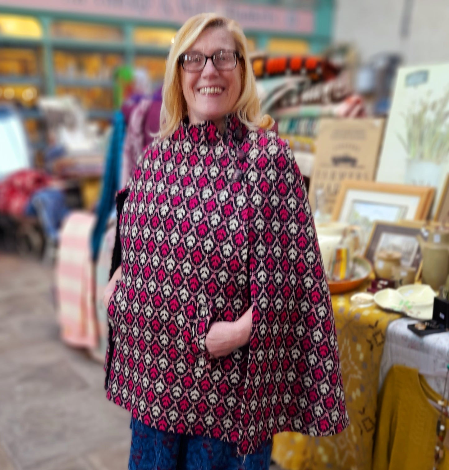 Vintage Welsh Tapestry Cape in Pinky Red, White & Black by Brynkir Mill