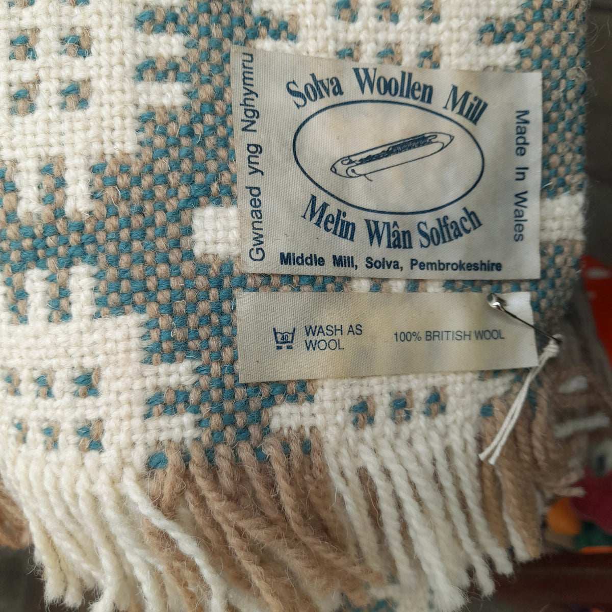 Handwoven Welsh Tapestry Rug in Sage Green & Cream by Solva Woollen Mill 58" x 35"