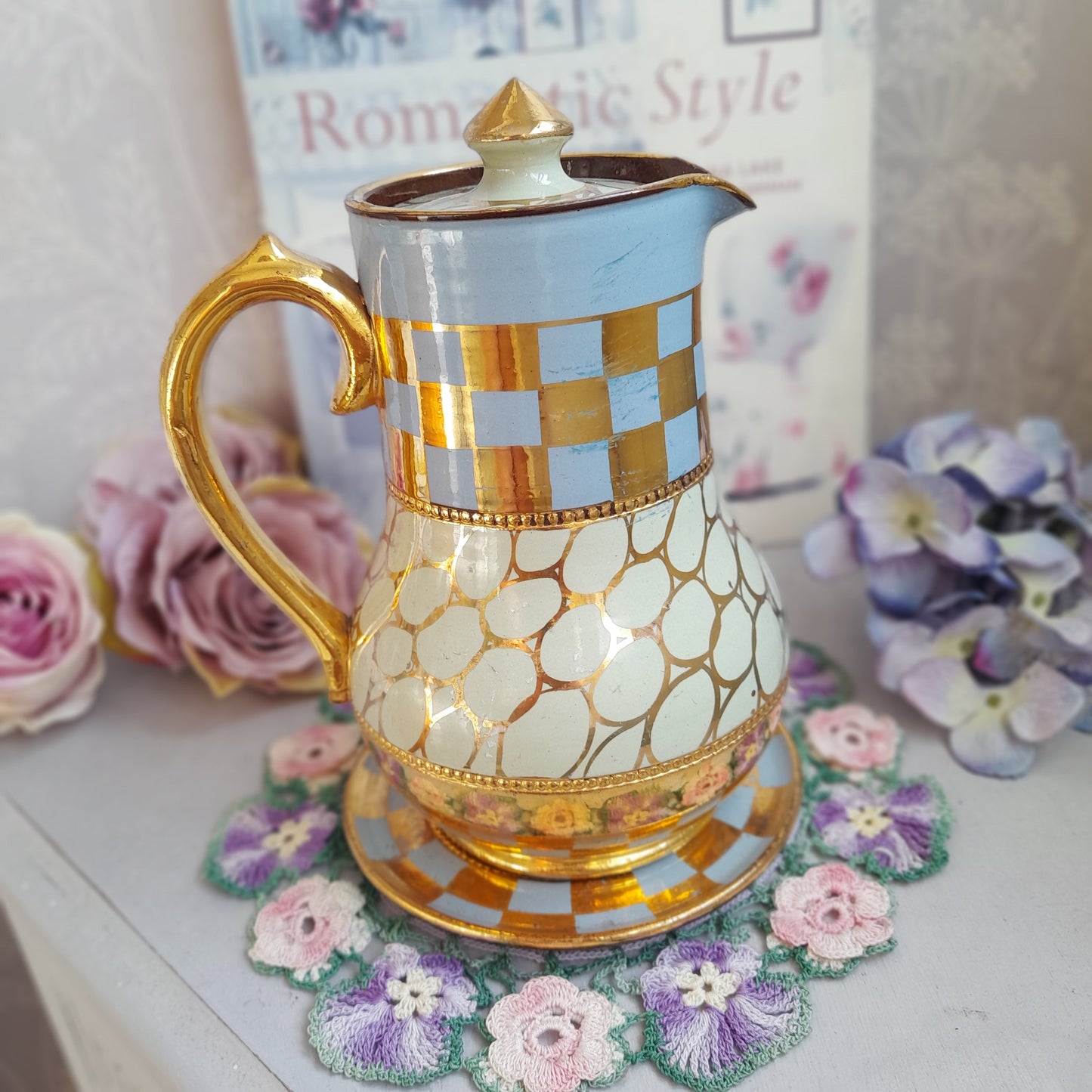 Vintage Sadler England Coffee Pot, Blue & Mint Green Checkerboard, Gold Gilt 1563