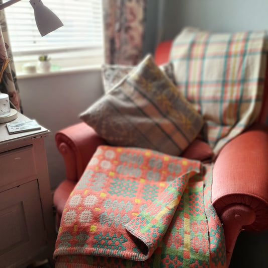 Vintage Welsh Tapestry Blanket in Salmon Coral Peachy Pink Green White & A Pop of Yellow 1950s