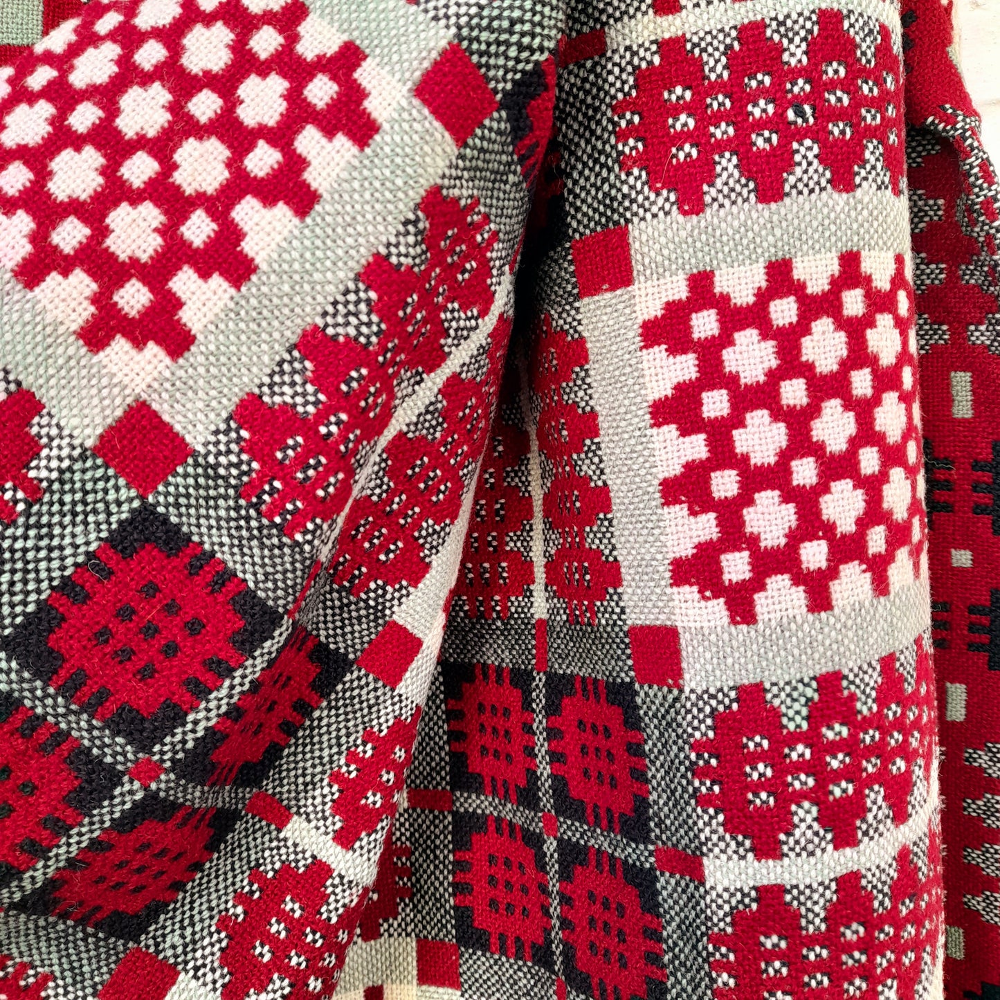 Vintage Welsh Tapestry Blanket in Deep Burgundy Wine Red, Sage Green, Black & Off White Huge King Size