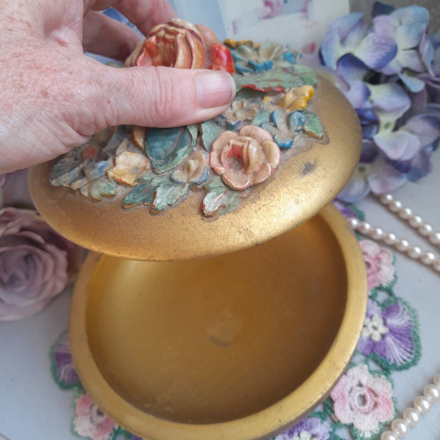 Vintage Barbola Round Gold Trinket Pot With Raised Flowers on Lid